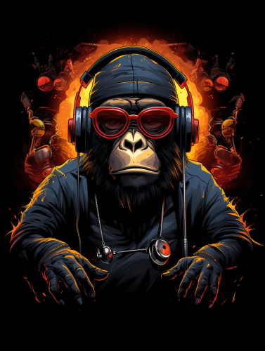 Confident ape DJ wearing sunglasses and headphones, with turntables and a crowd.