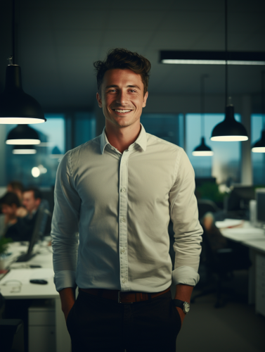 Confident smiling young man in fun tech office Confident smiling young man in fun tech office