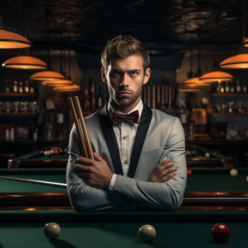 Confused businessman holding billiards cue between two tables