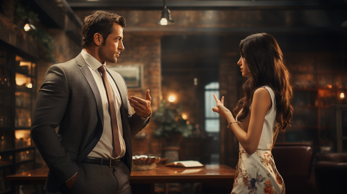 Confused girlfriend and businessman arguing