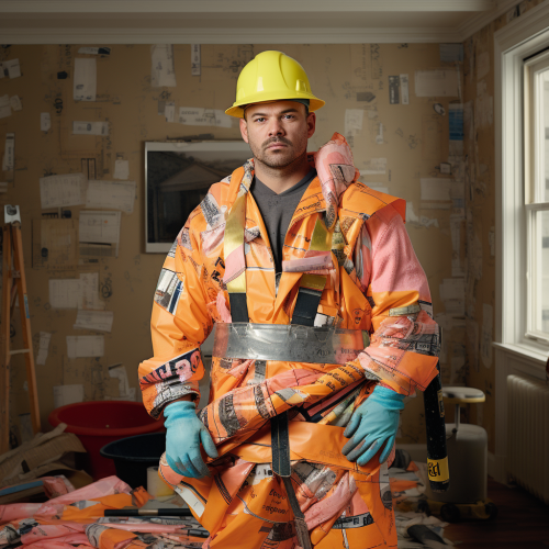 Construction worker in wrapping paper outfit Construction worker in wrapping paper outfit