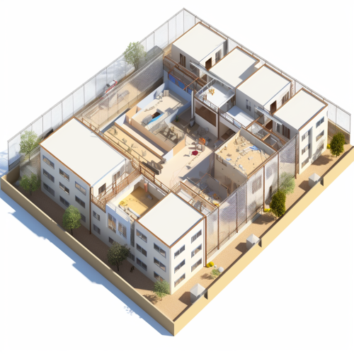 Construction building with temporary fencing