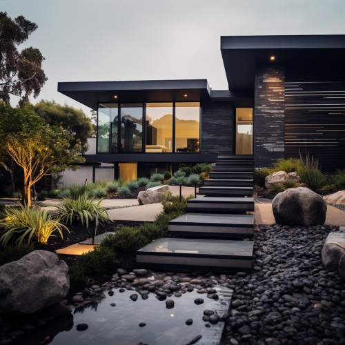 Contemporary modern house with black decorative rocks Contemporary modern house with black decorative rocks