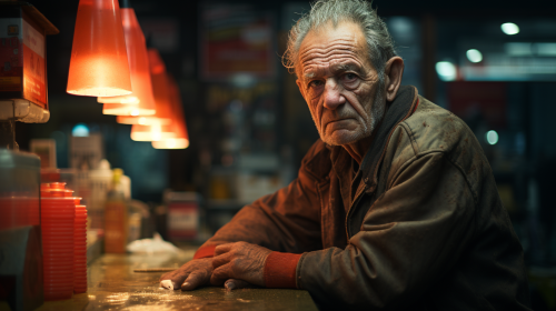 A hyper-realistic depiction of a convenience store cashier