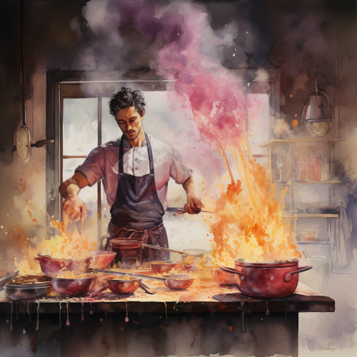 Cooking show with flambé in watercolor