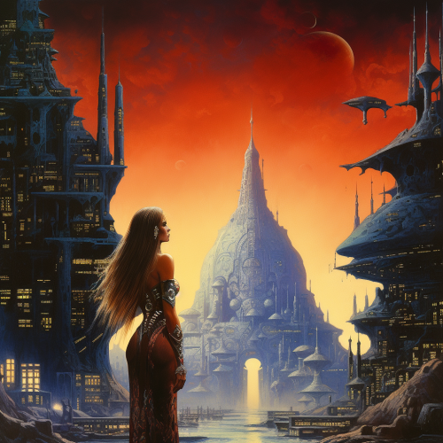 Detailed fantasy city illustration with film grain