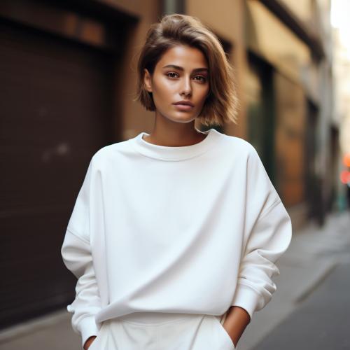 Fashionable girl in white sweatshirt with tanned skin