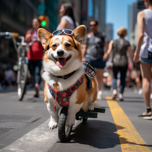 Corgi dog biking in Times Square