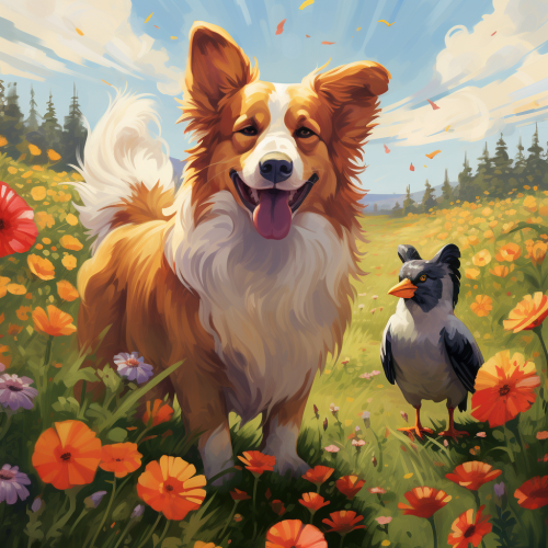 Corgi and Rooster Smiling in Meadow