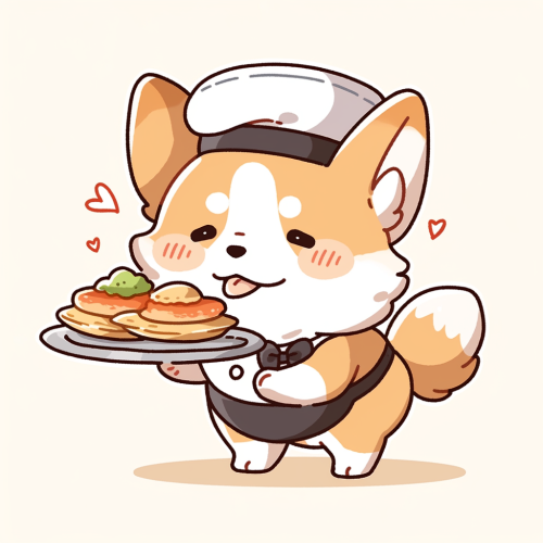 Corgi enjoying tasting food in restaurant attire