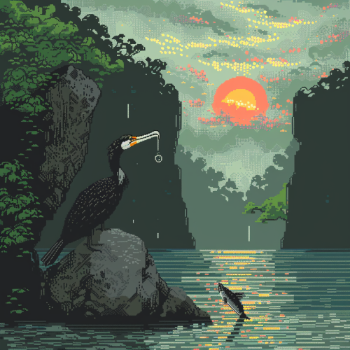 Pixel art of cormorant fishing