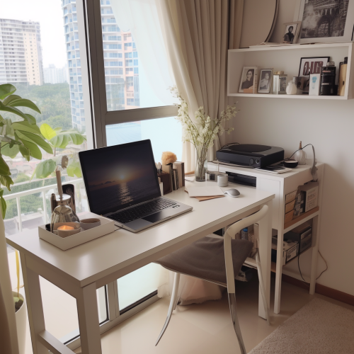 Spacious white corner office with Muji-style desk