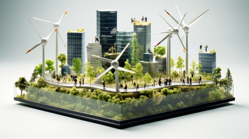 Miniature business people and renewable energy buildings