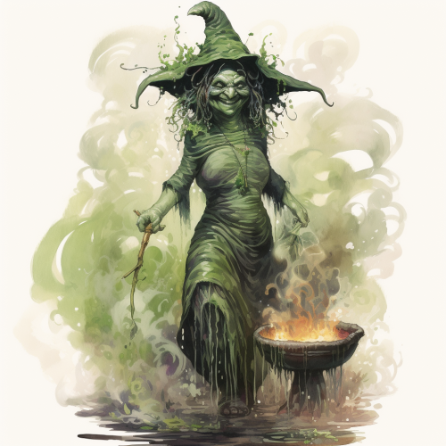 Smiling corpulent wicked witch in bog with cauldron smoke