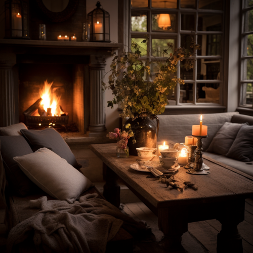Cozy candles burning on fireplace