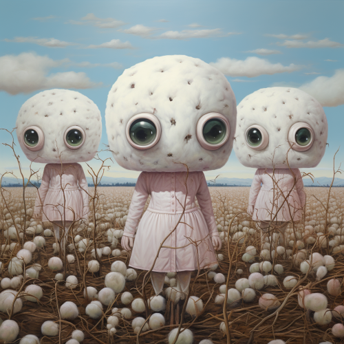 Cotton field with three tufts of eyes