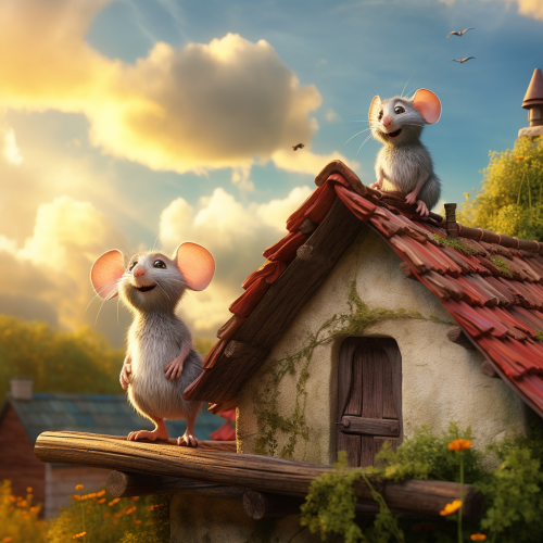 Mouse and bird on countryside roof