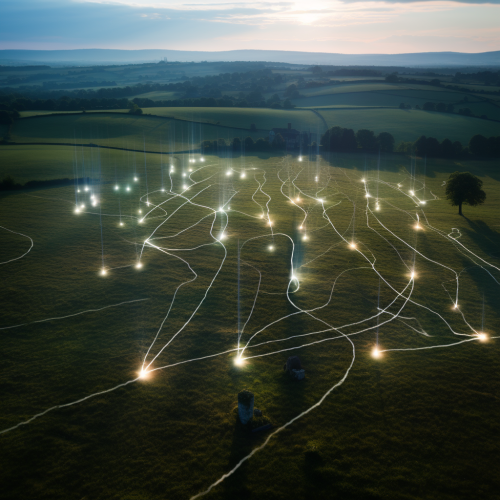 Aerial view of English countryside stone network