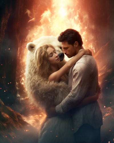 Couple Embracing Bear Magical Setting Couple Embracing Bear Magical Setting