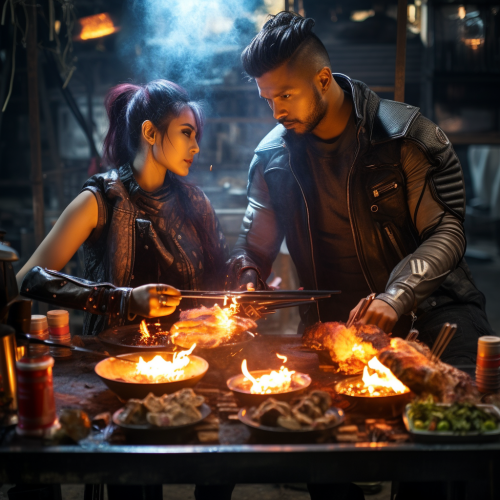 Couple enjoying a rare BBQ in cyberpunk setting