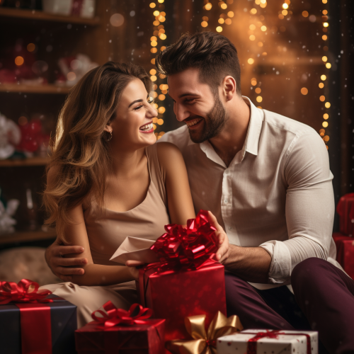 Romantic couple with surprise gifts