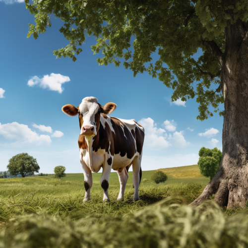 Cow on Grassfield with Blue Sky and Trees Cow on Grassfield with Blue Sky and Trees