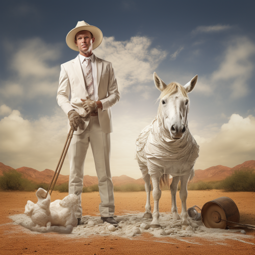 Cowboy in White Suit with Mud-Covered Donkey