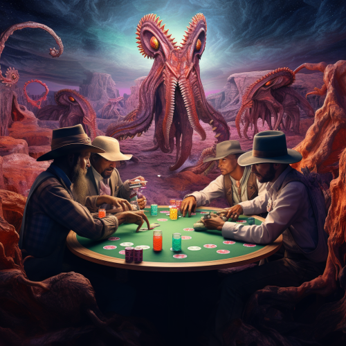 Cowboys playing poker on alien planet