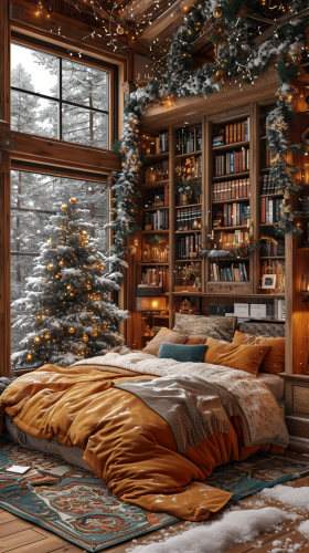 Cozy bedroom peaceful snow nightday Korea style bookshelf