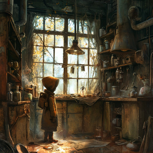 Child in a Cozy Workshop with Windows and Doors