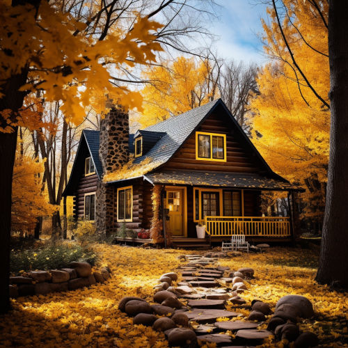 Cozy log cabin surrounded by autumn trees Cozy log cabin surrounded by autumn trees