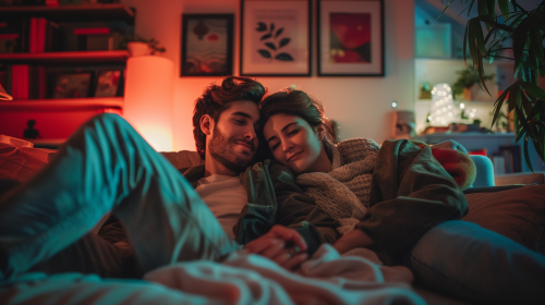 Young couple sitting together small couch