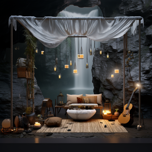 Cozy cave interior during a rainstorm