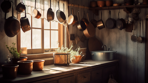 Cozy Rustic Kitchen with Vintage Copper Pots Cozy Rustic Kitchen with Vintage Copper Pots
