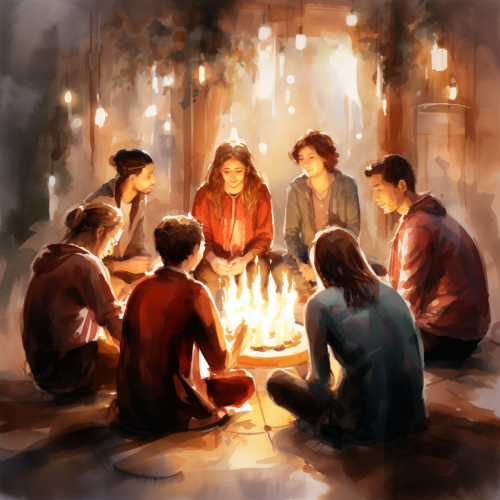 Group sharing stories around candles