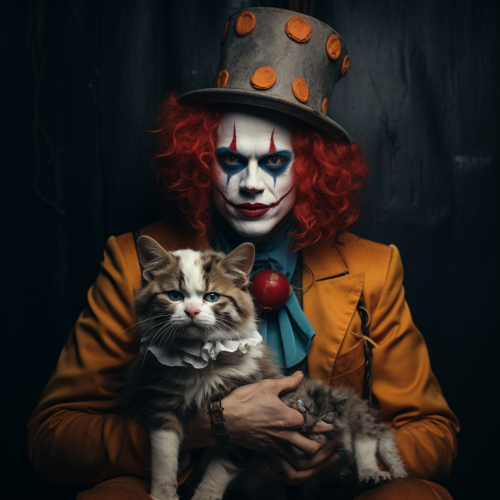 Creepy clown with pet fox dressed as clown