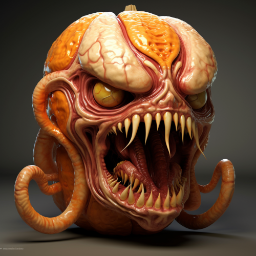 Spooky Halloween creature with muscular body and pumpkin head