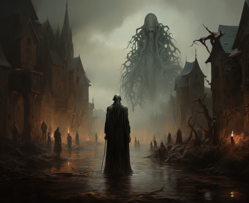 Cthulhu in vintage creepy village
