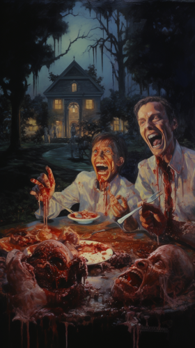 Creepy Zombies Eating Meat in Cemetery at Night Creepy Zombies Eating Meat in Cemetery at Night