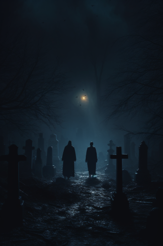 Two Creepy Ghosts Walking in Cemetery