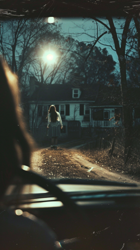 Ghostly figure in car headlights at creepy house