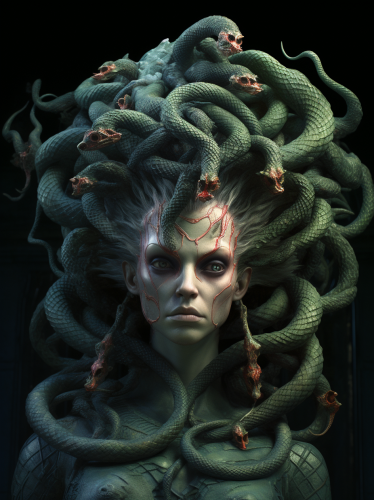 Surreal image of a creepy Medusa with evil snake hair