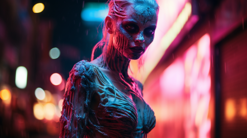 Creepy woman with neon lights skin at night
