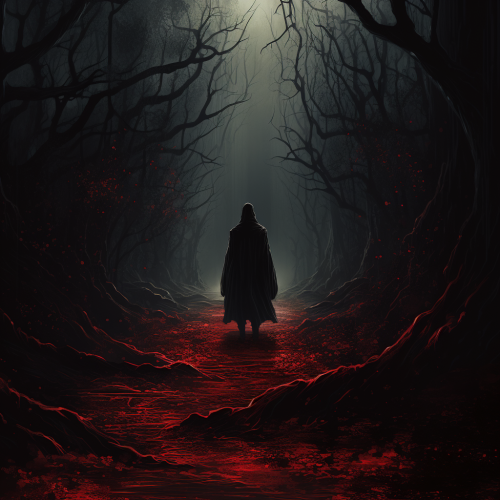 Lone figure in red robe walking down dark path