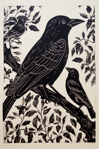 Black and white linocut print of a crow and stag beetle. Black and white linocut print of a crow and stag beetle.