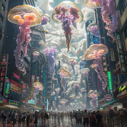 Colorful jellyfish above alien street Colorful jellyfish above alien street