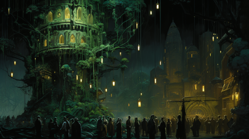 Crowded Arborium with Well-Dressed Cyborg Visitors Crowded Arborium with Well-Dressed Cyborg Visitors