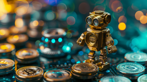 Crypto coins robot on bright background