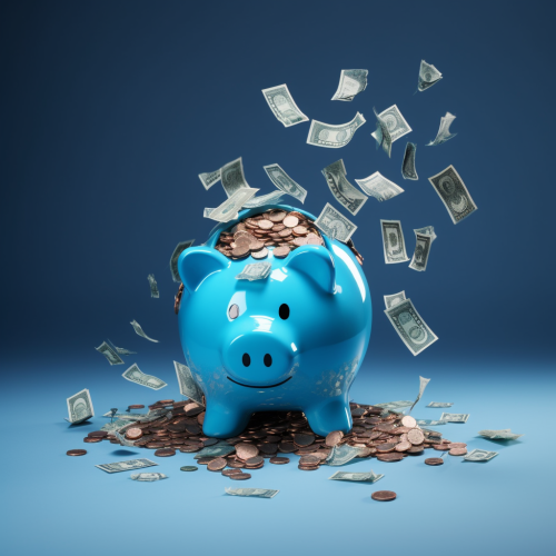 Crystal blue piggy bank with money falling out