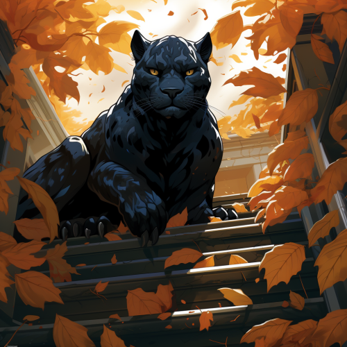 Black panther with a cunning smile on stairs